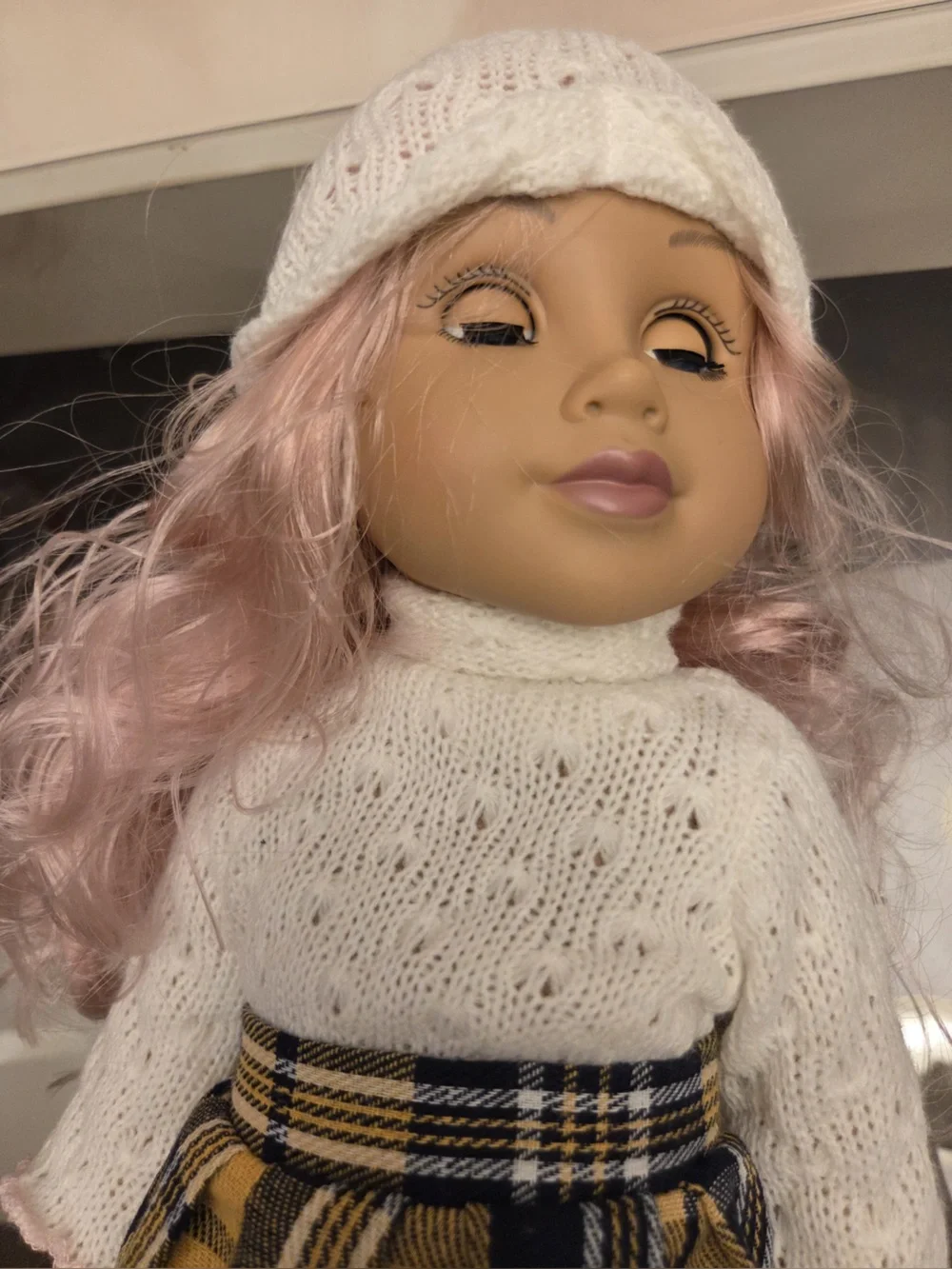 18 in Girl Play Doll Pink Wavy Hair Blue Eyes Removable Outfit & Hat